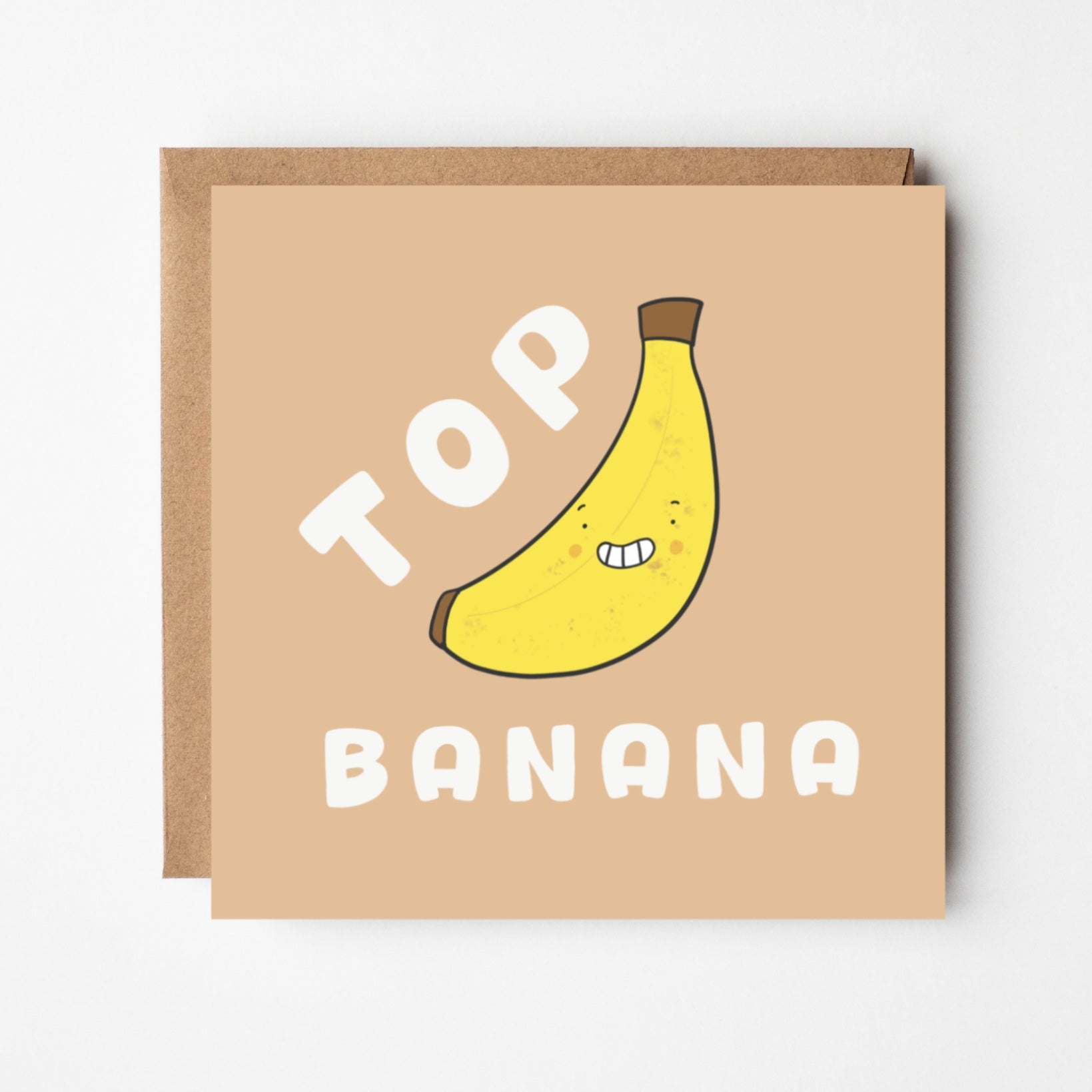Cute Top Banana greeting card — cute illustrated banana character, funny pun card by UK illustrator Richard Darani