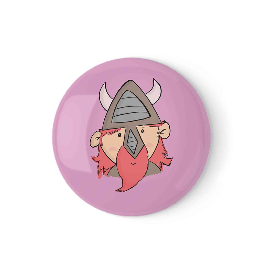 Whimsical Viking badge illustration featuring a cute Viking character with a horned helmet and fiery beard, perfect for adding a touch of Norse humor to any outfit or accessory.