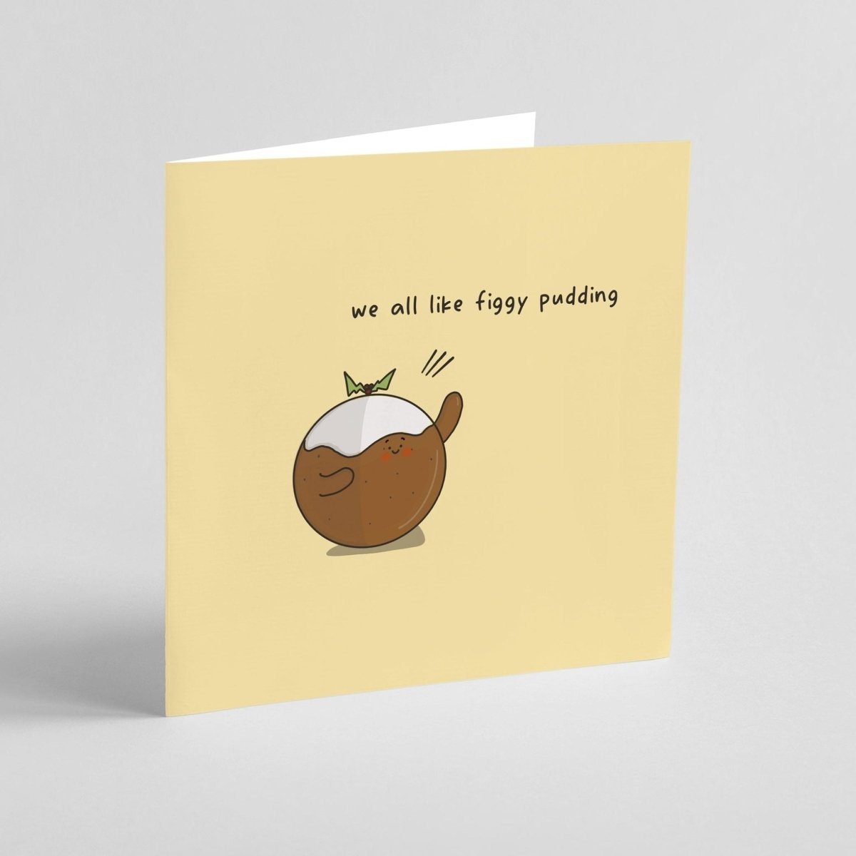 Greeting card with cute figgy pudding illustration on yellow background