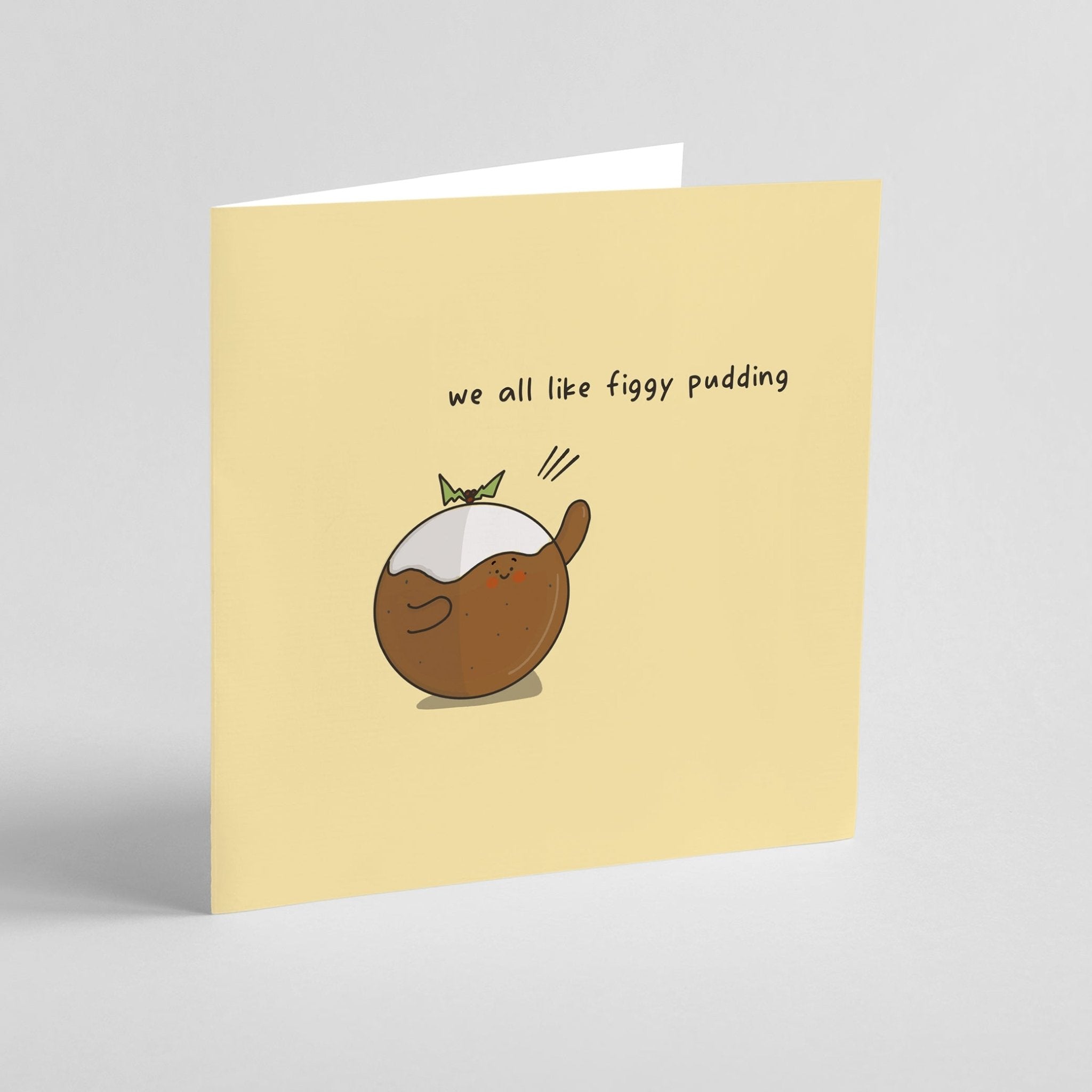 Greeting card with cute figgy pudding illustration on yellow background