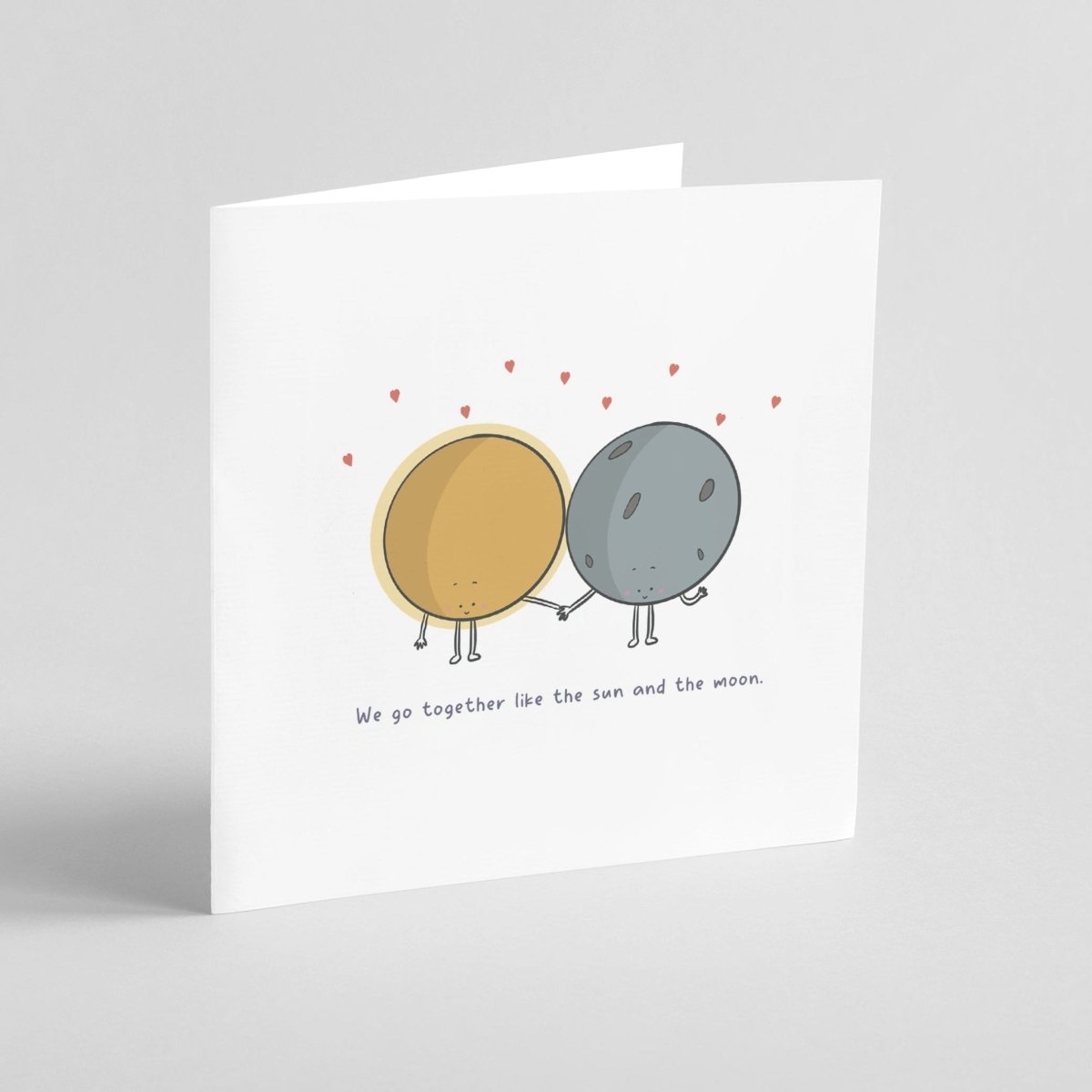 Romantic greeting card with kawaii sun and moon symbolizing perfect match