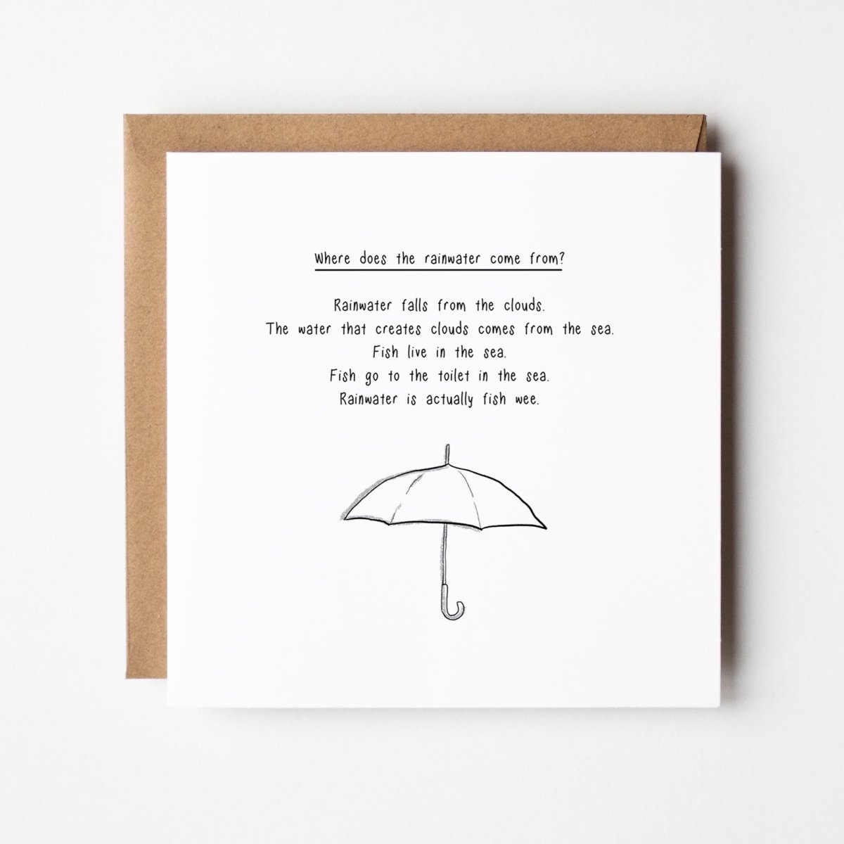 Funny science greeting card explaining where rain comes from with cute kawaii water cycle illustrations