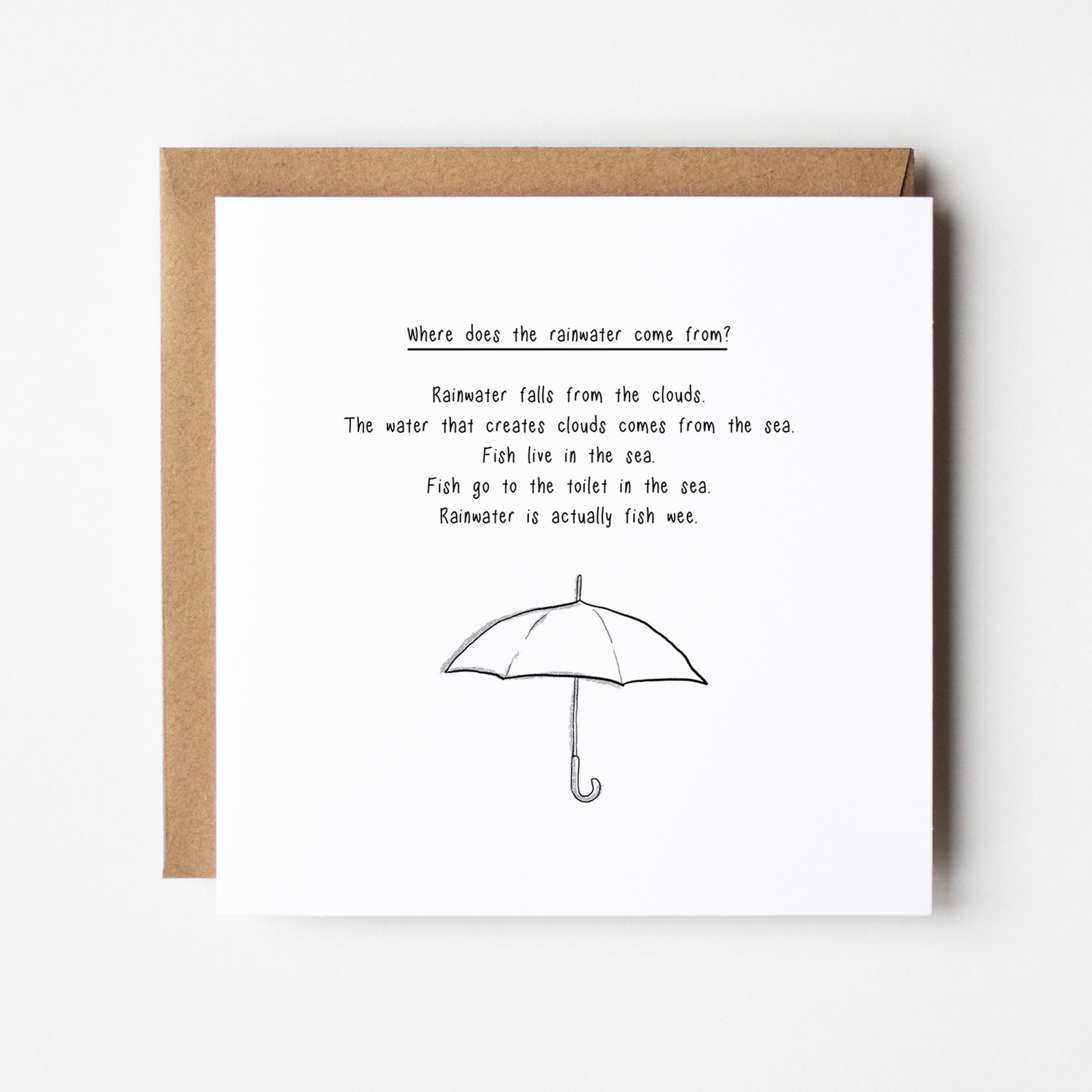 Funny science greeting card explaining where rain comes from with cute kawaii water cycle illustrations