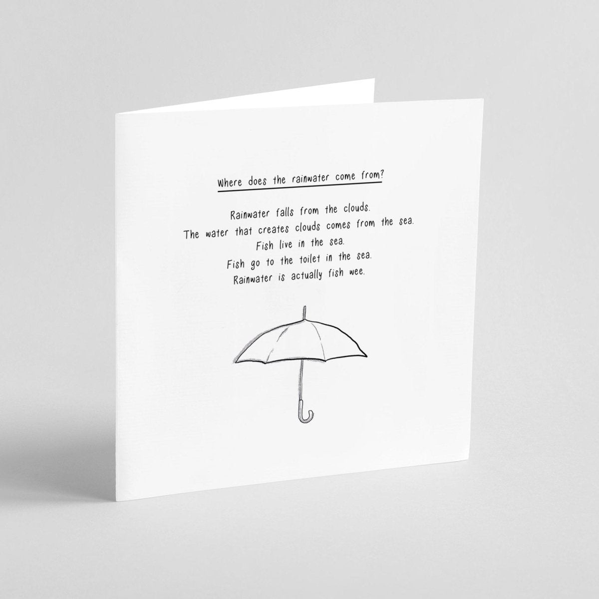 Greeting card with a humorous joke about rainwater and an illustration of an umbrella on a white background.