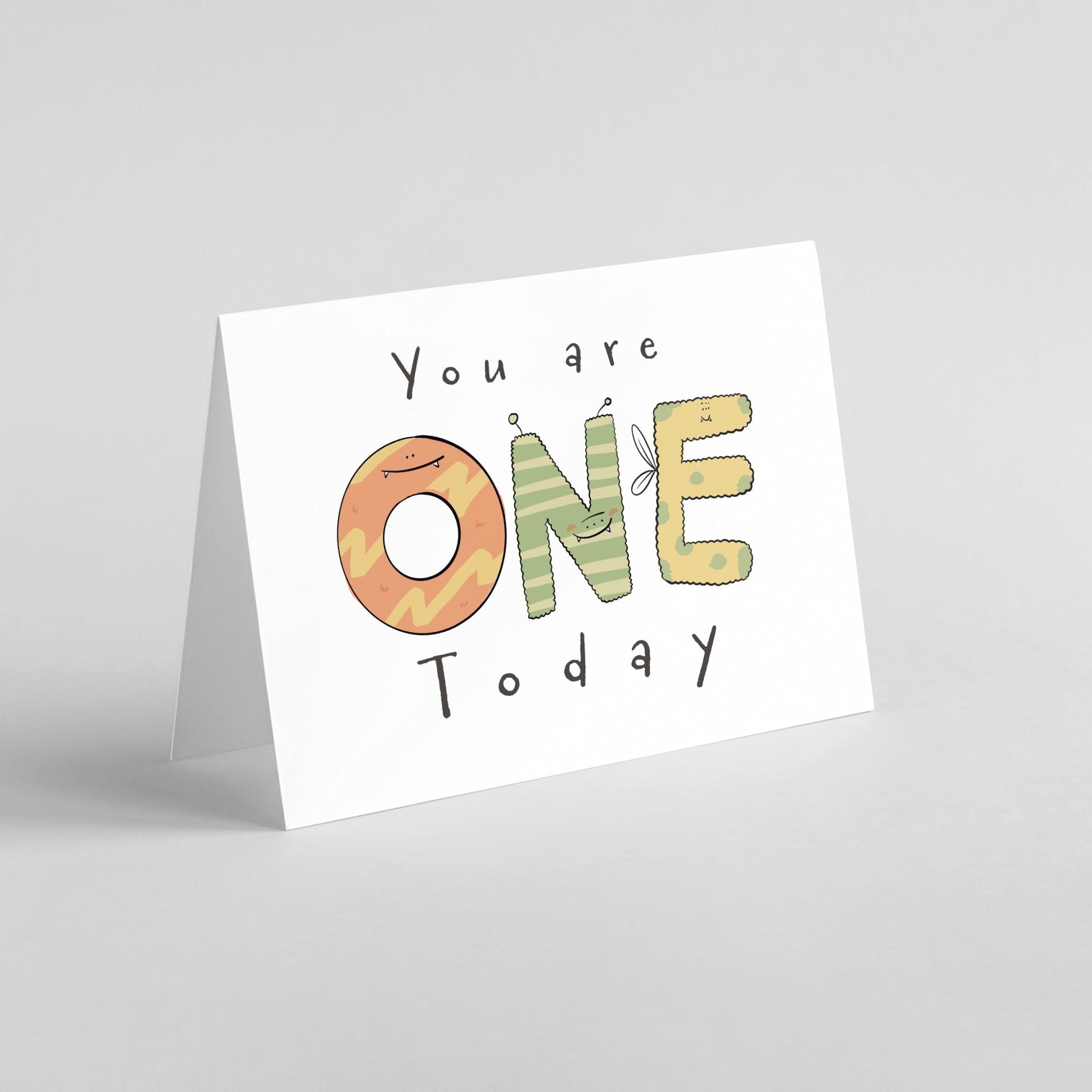 "You Are 1 Today" Milestone Birthday Card – Cute Hand - Drawn Monster Design - Richard DaraniGreeting & Note Cards