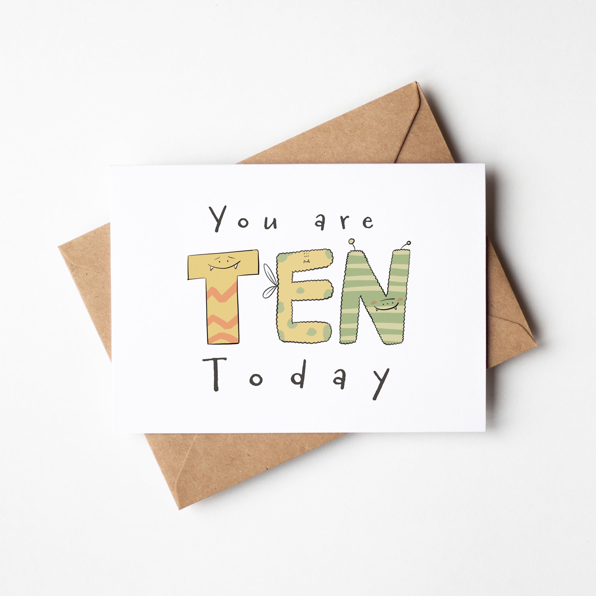 You Are 10 Today" Milestone Birthday Card – Cute Hand - Drawn Monster Design - Richard DaraniGreeting & Note Cards