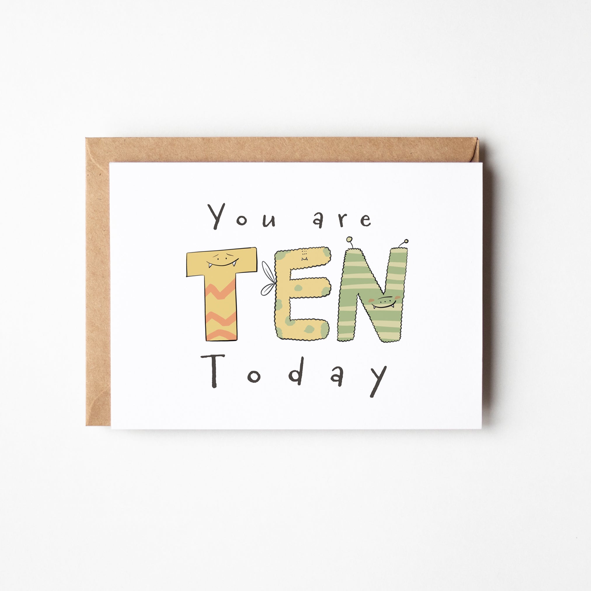 You Are 10 Today" Milestone Birthday Card – Cute Hand - Drawn Monster Design - Richard DaraniGreeting & Note Cards