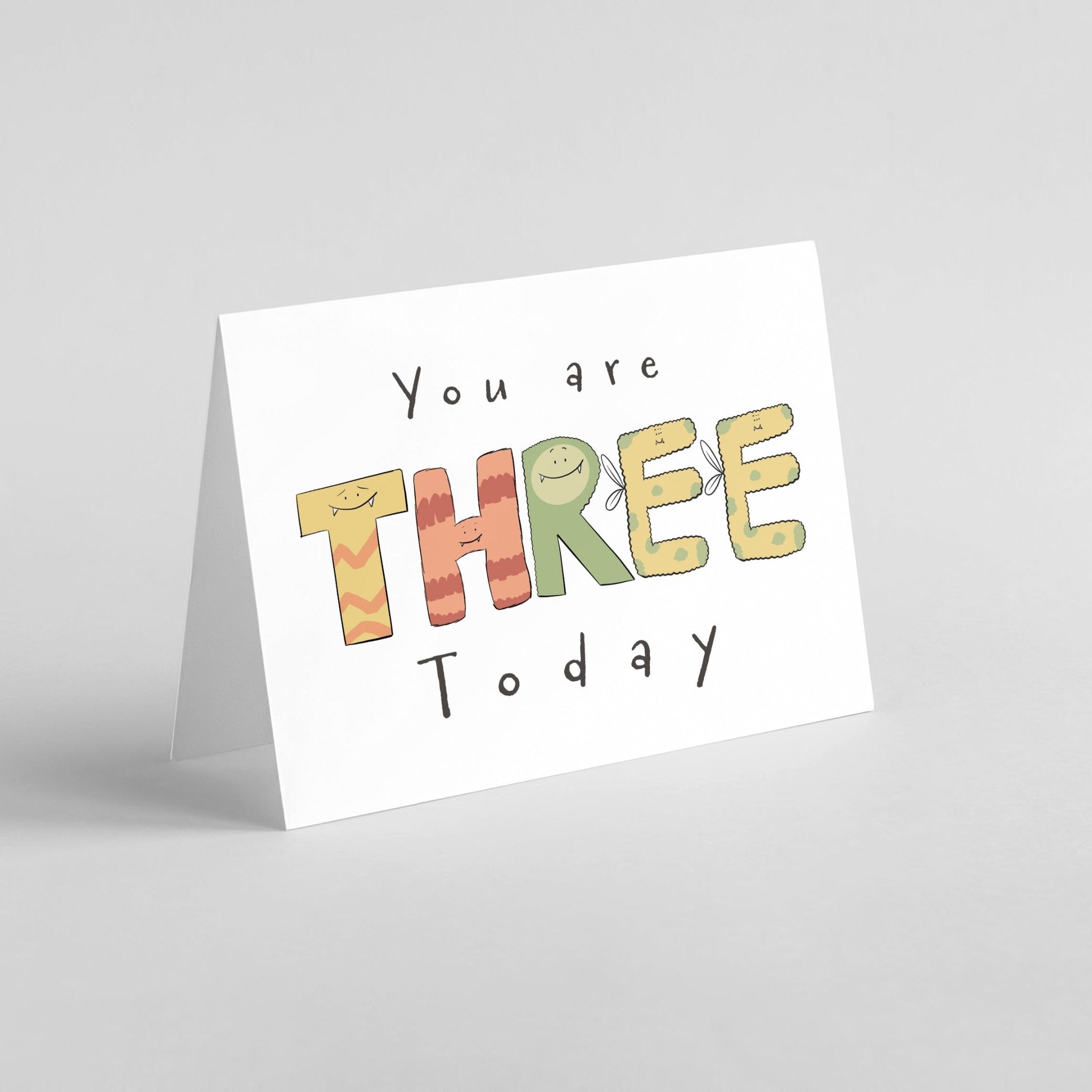 "You Are 3 Today" Milestone Birthday Card – Cute Hand - Drawn Monster Design - Richard DaraniGreeting & Note Cards