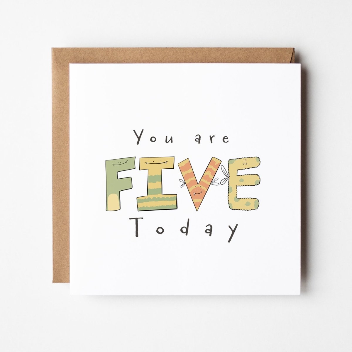 Fun milestone birthday card showing FIVE spelled with cute winged monster characters