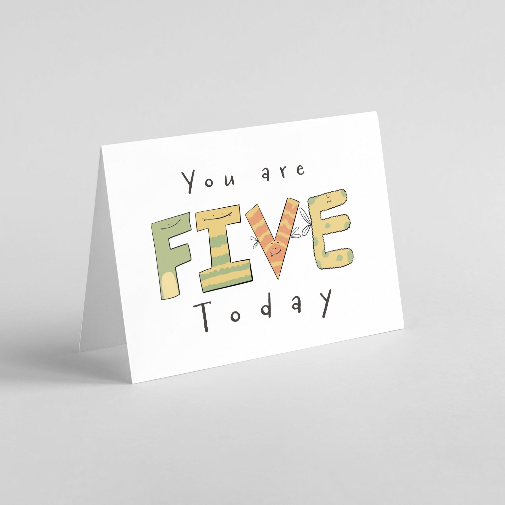 You Are 5 Today" Milestone Birthday Card – Cute Hand - Drawn Monster Design - Richard DaraniGreeting & Note Cards