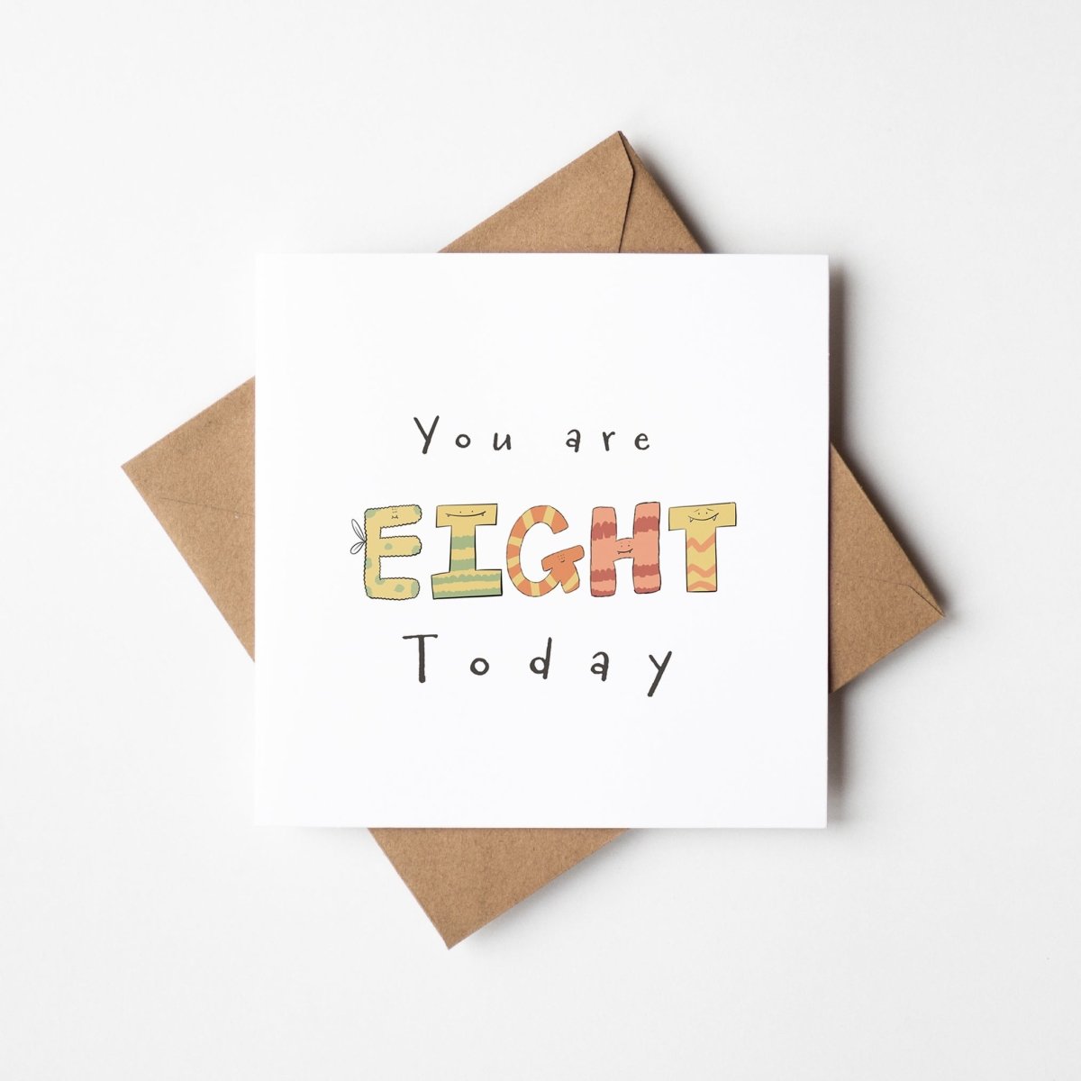 ou Are 8 Today monster birthday card featuring kawaii monster letters spelling EIGHT
