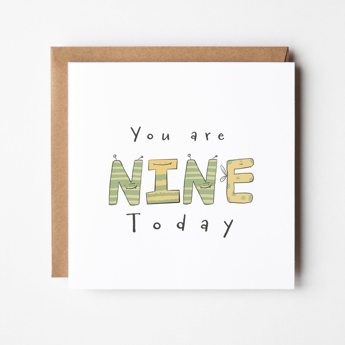 You Are 9 Today monster birthday card featuring kawaii monster letters spelling NINE