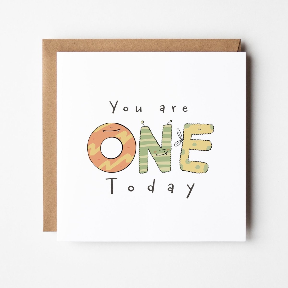 You Are One Today 1st birthday monster card featuring kawaii monster letters spelling ONE