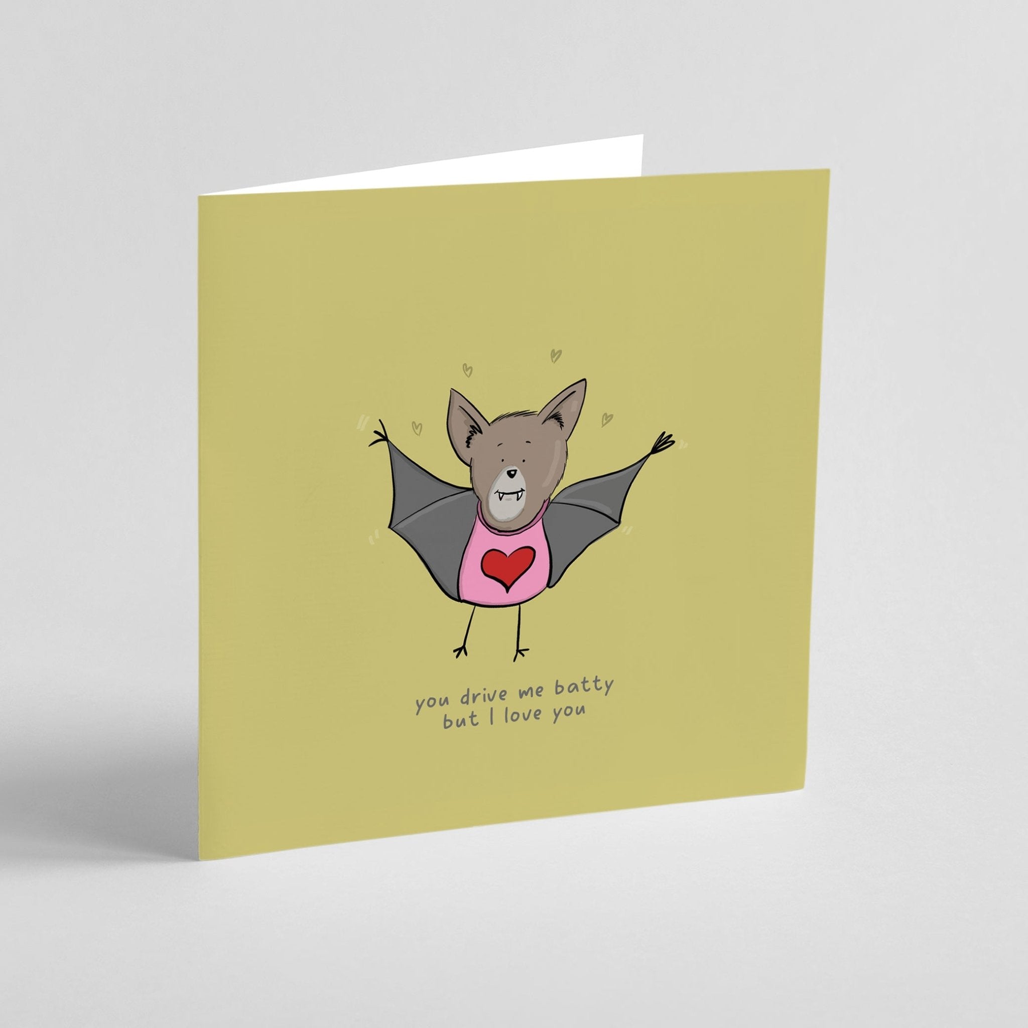 alentine's Day card with kawaii bat design and romantic pun message