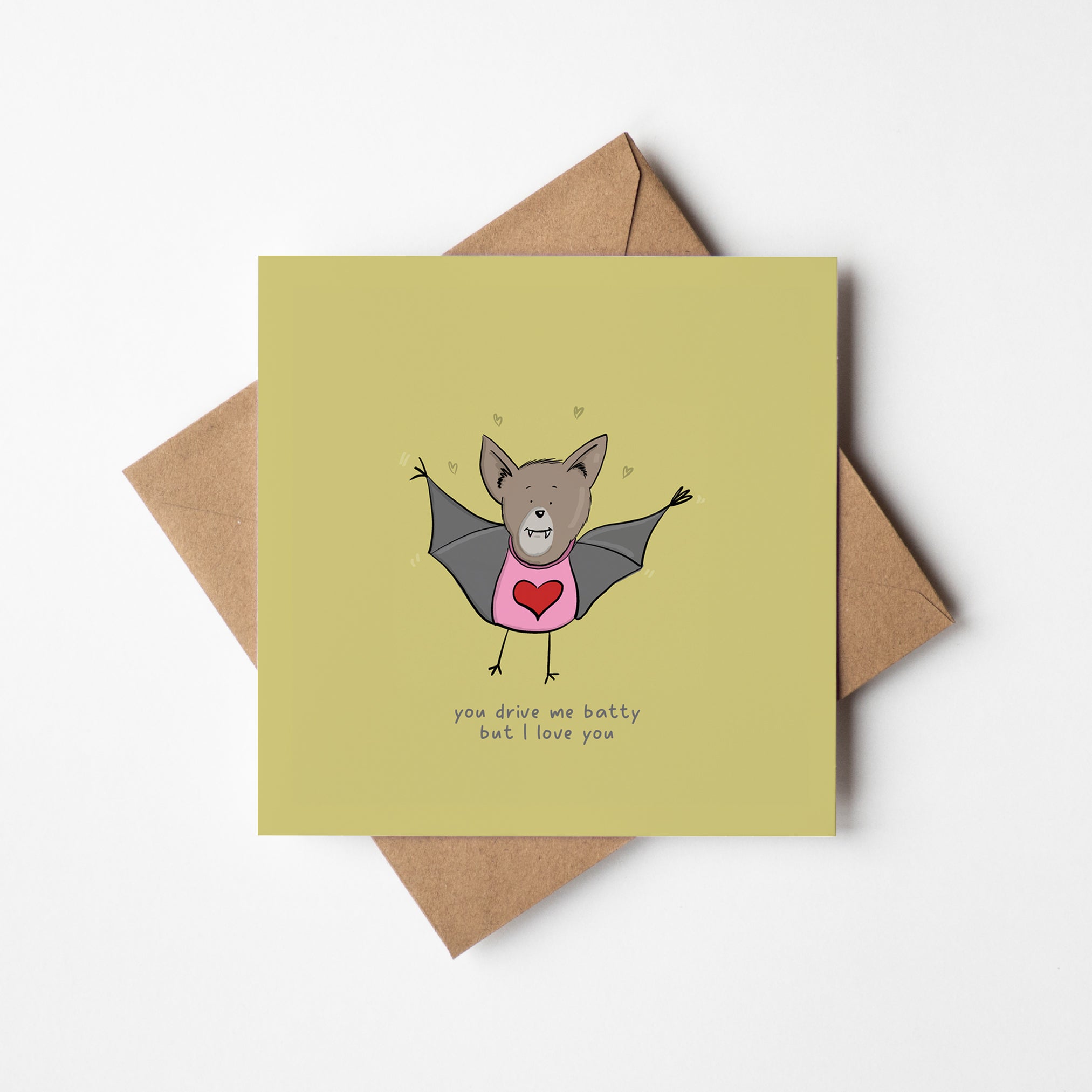 Funny love card featuring adorable bat with playful relationship humo