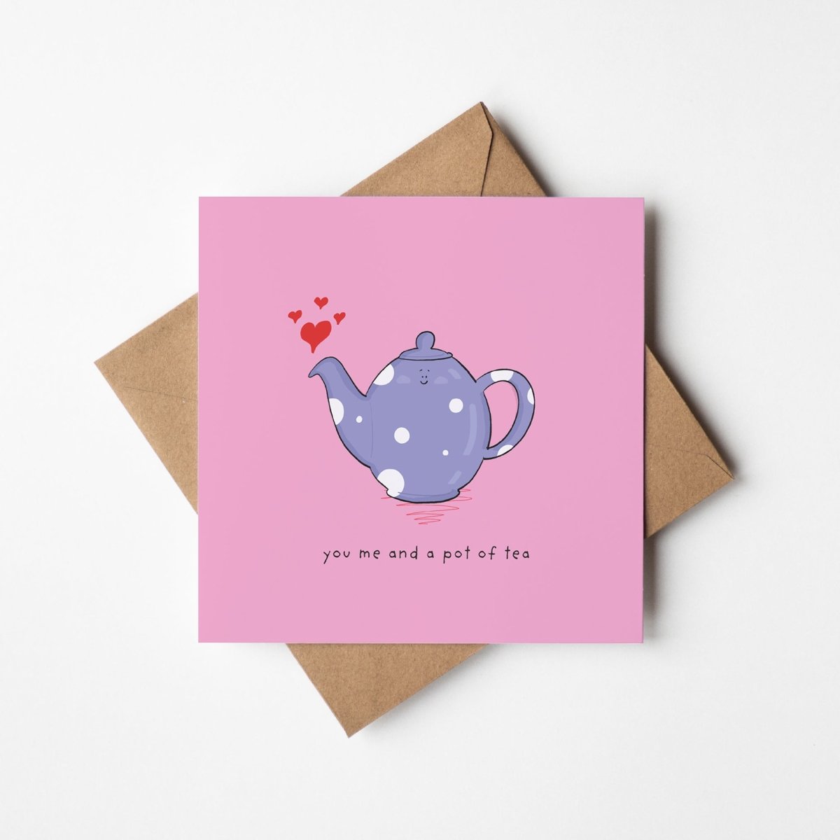 You, Me & Tea greeting card featuring cute purple teapot with white spots and kawaii hearts