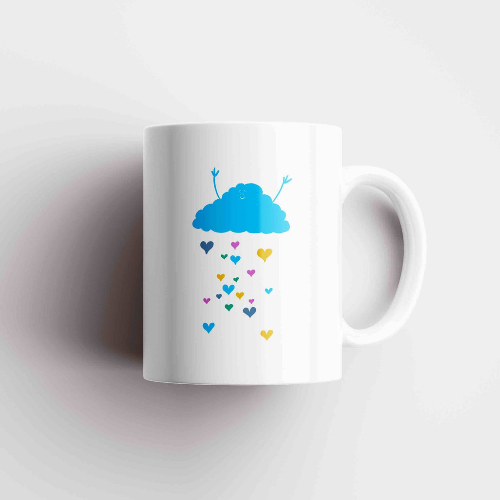 Cheerful Rain Cloud Coffee Mug with colourful hearts rain design, made of high-quality ceramic, ideal for coffee, tea, or hot chocolate enthusiasts.