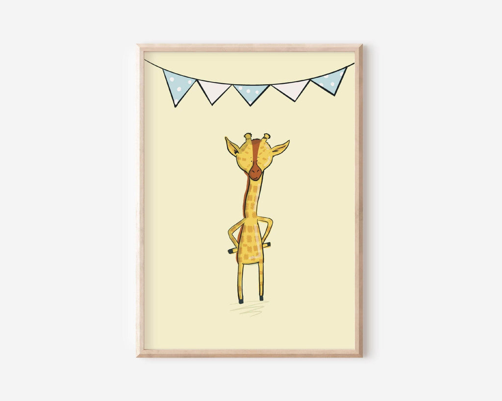 Art print of a joyful giraffe with a string of pastel bunting, set against a soft cream background, framed in light wood."