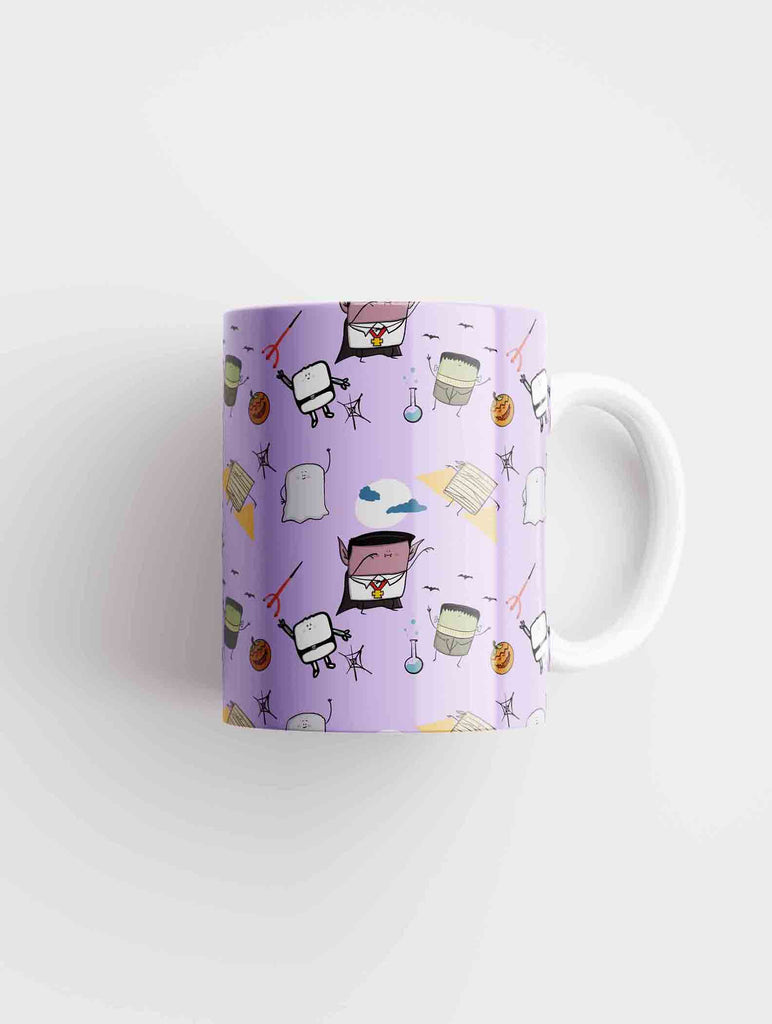 A playful Halloween-themed mug with a pattern of classic monsters like a vampire, skeleton, and Frankenstein's monster, mixed with festive icons on a purple background, perfect for seasonal or year-round use.