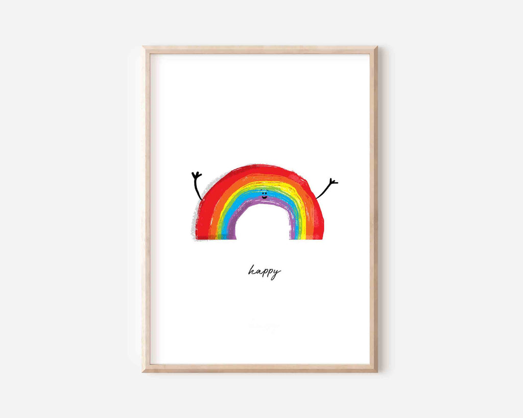 Digitally hand-drawn rainbow with joyous arms raised, featuring vibrant brushstroke colours on a white background, with the word 'happy' in simple black lettering below, all within a light wooden frame.