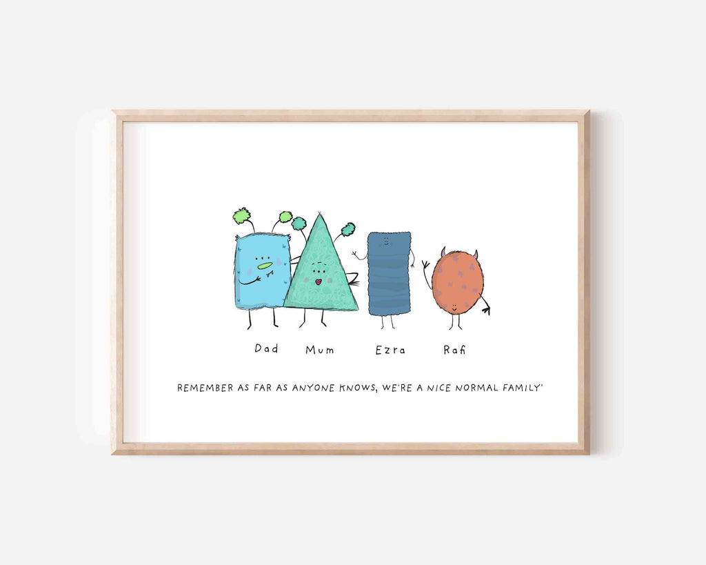 Illustration of a 'Quirky Monster Family' art print, showcasing colorful and playful monster characters representing a unique and humorous take on family life