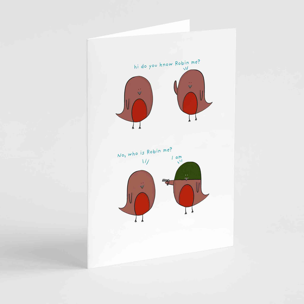 Illustration of two cartoon birds engaging in a humorous "Robin me?" pun exchange on a greeting card.