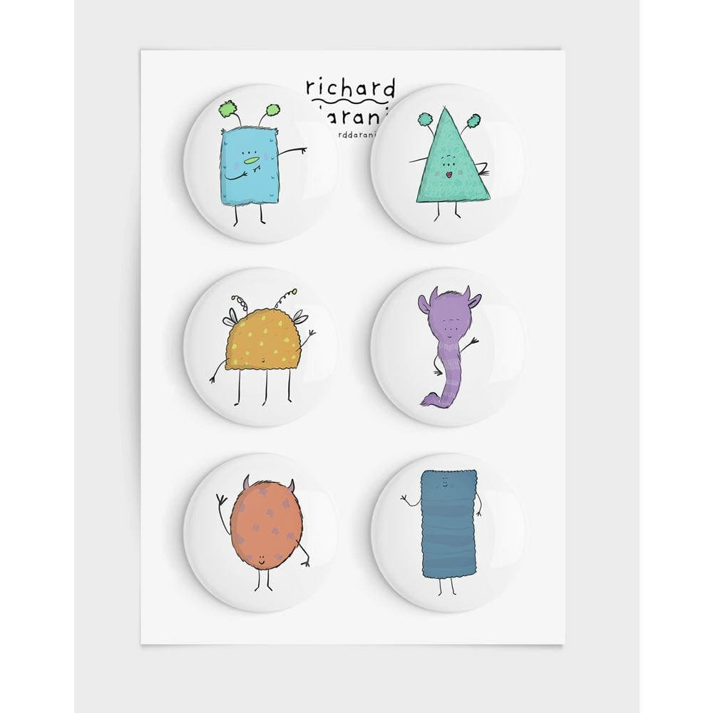 Set of six charming monster fridge magnets by Richard Darani, featuring quirky designs perfect for securing notes and adding a fun touch to any kitchen."