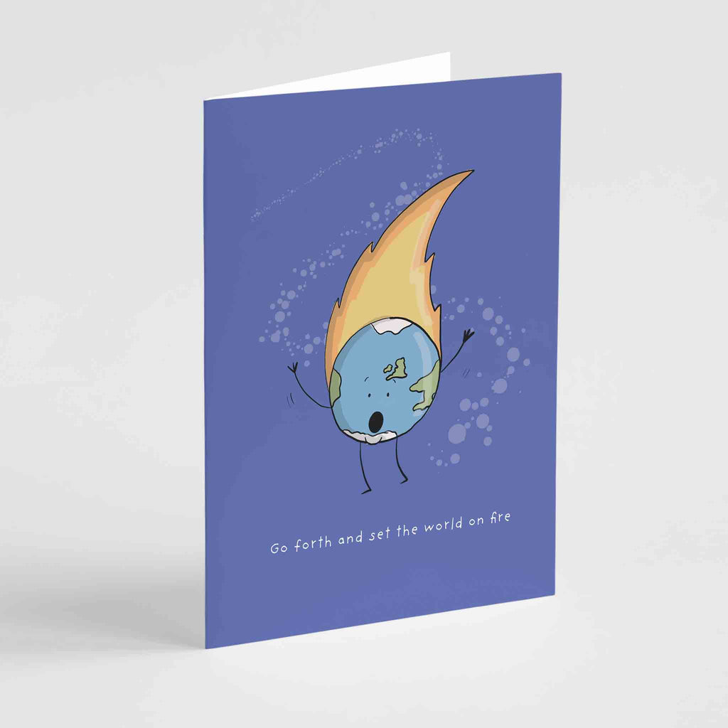 Set the World on Fire' Good Luck Card, featuring an uplifting message for those starting new jobs or graduating, ideal for boosting confidence and excitement."