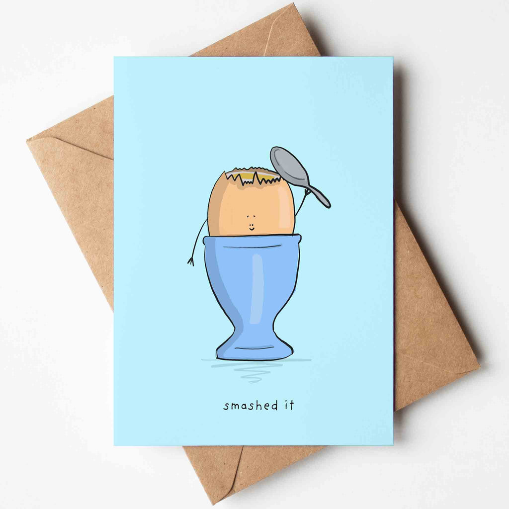 Smashed it congratulations card of an egg smashing his head