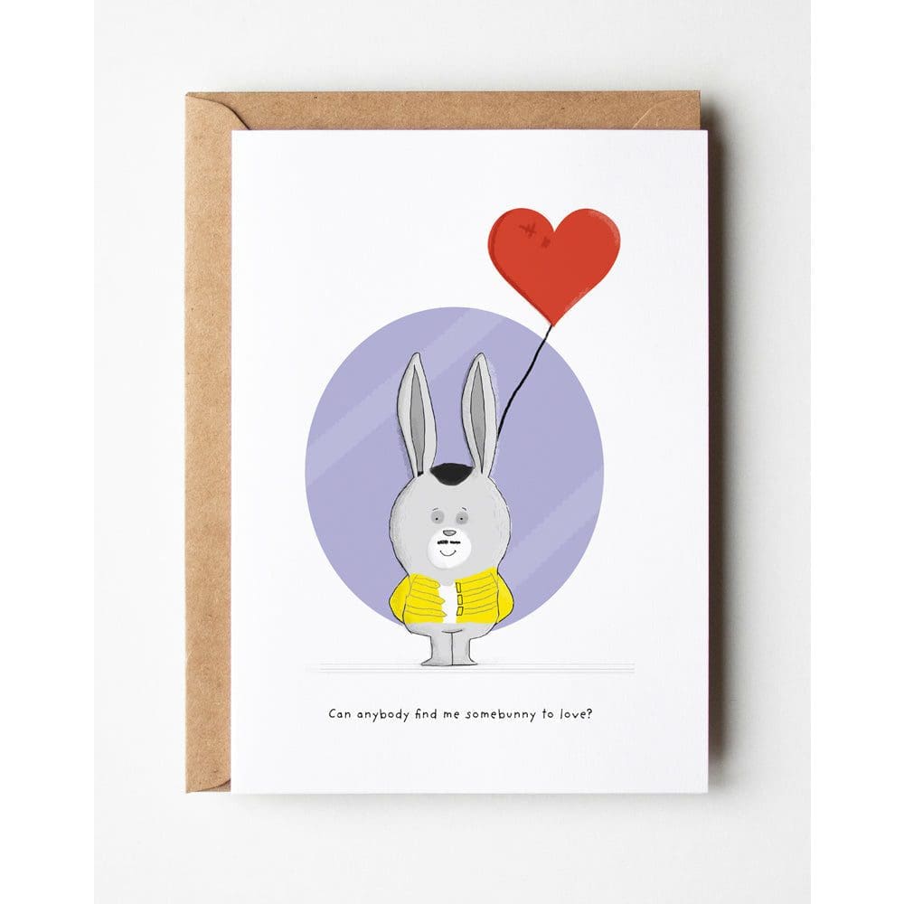 Illustration of Freddie Mercury as a bunny on a greeting card, with "Some Bunny to Love" text.