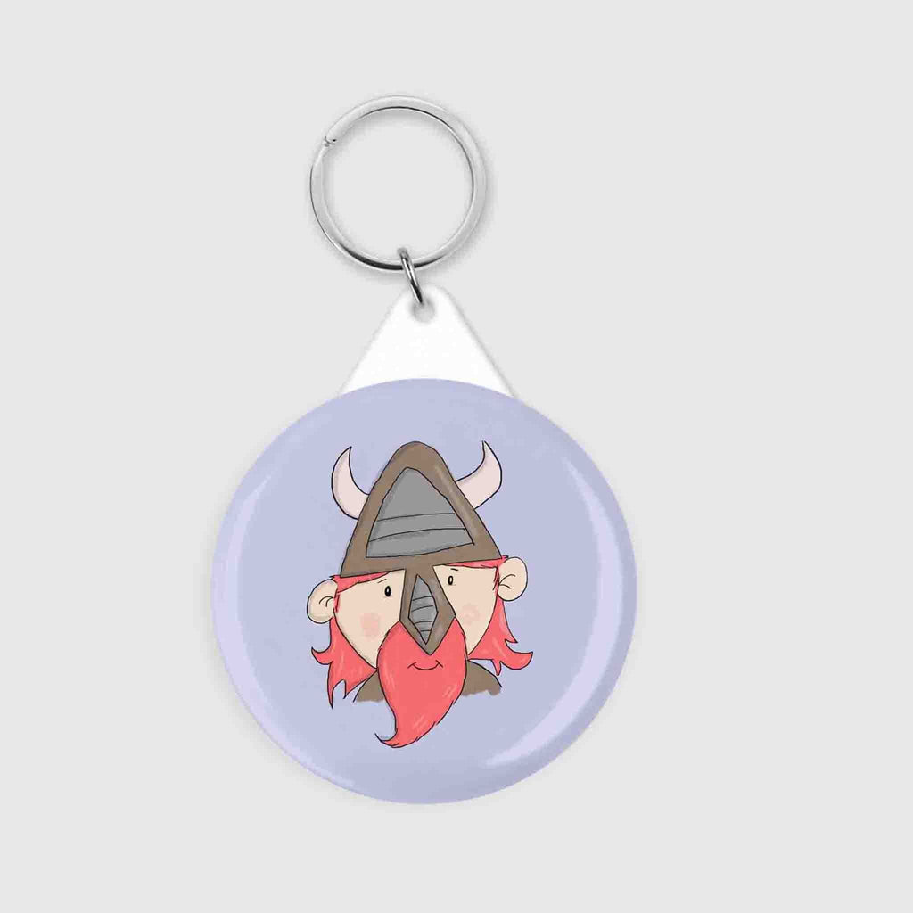 Whimsical Viking-themed keychain featuring a cartoon Viking with the pun "I Have Taken a Viking to You" by Richard Darani.