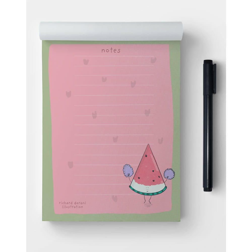Vibrant watermelon-themed notepad with colorful design on each page, ideal for notes and doodles."